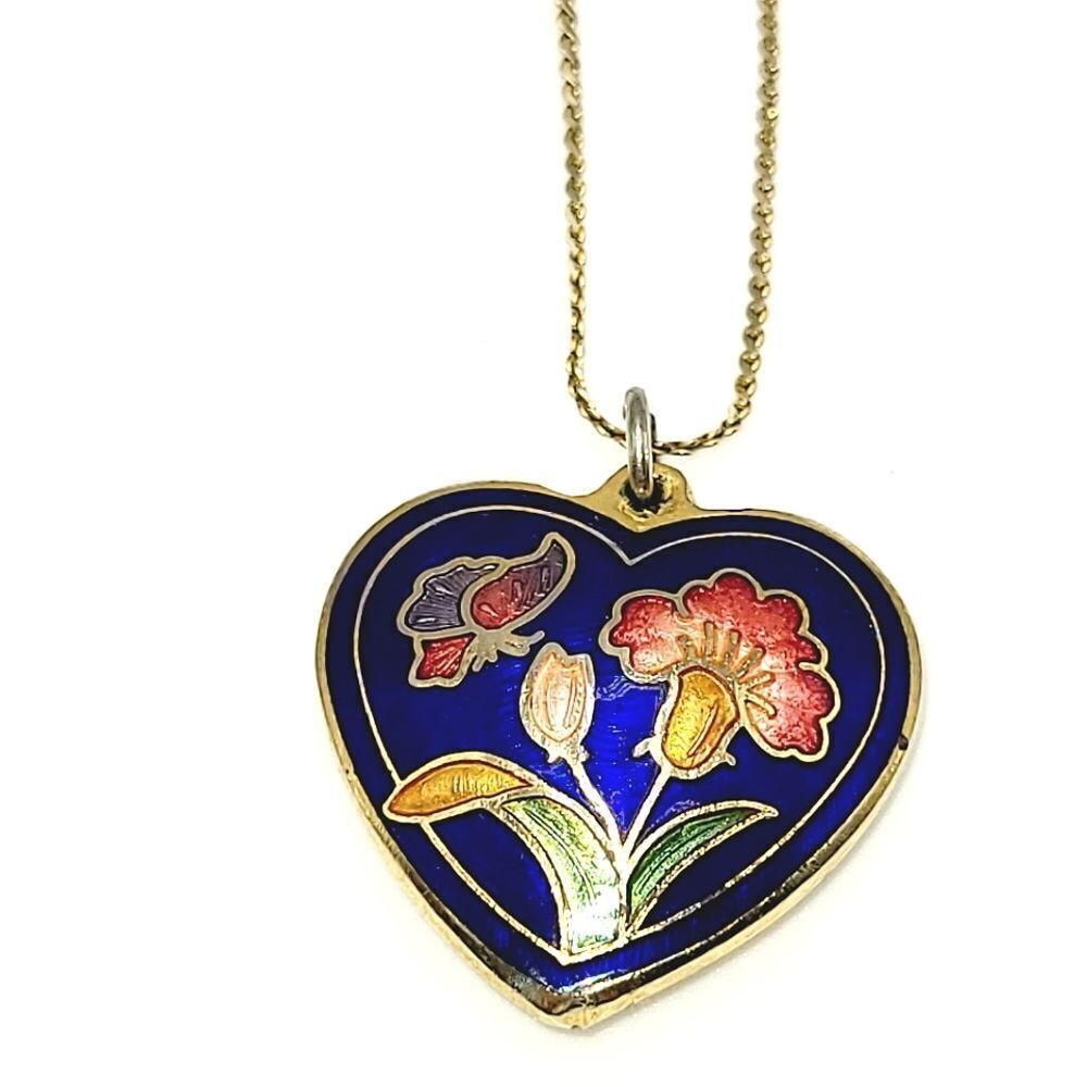 Cloisonne Vintage Floral Heart Shaped Pendant Necklace - Blue, goldtone